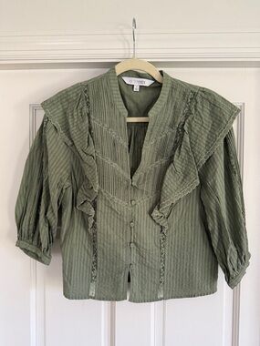 INTERMIX Olive Green Ruffle-Trim Button Front Blouse